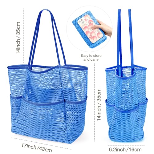 KPX Beach Bag with Mini Pocket, Summer Beach Tote Bags for Women Large Foldable Mesh Swimming Pool Travel Bags - Sandproof - color: Ocean Blue
