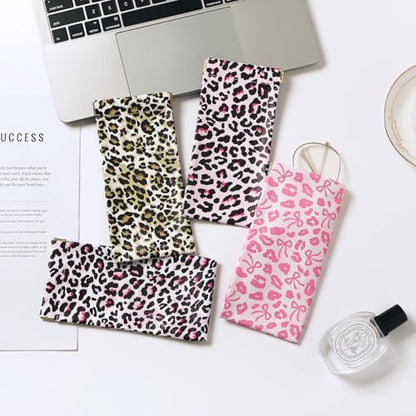 Glasses Case Soft, Eyeglass Cases for Women Portable Squeeze Top PU Leather 2 Pack Glasses Pouch with Cleaning Cloth - color: 2pcs Pink Leopard Print