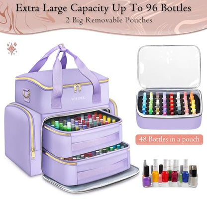 YOREPEK Extra Large Nail Polish Organizer Case Holds 96 to 100+ Bottles (15ml/0.5 fl.oz) UV lamp, Gel Polish Travel Case Bag with 2 Removable Pouches Fits Nail Suppiles, Gifts for Manicurist, Purple - color: Purple-96bottles