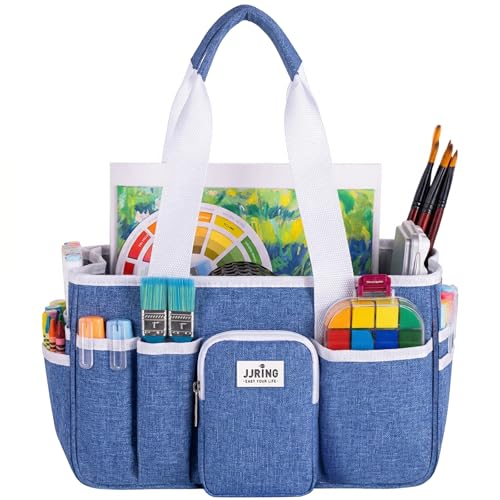 JJRING Craft Organizer Tote Bag, Portable Art Caddy With Adjustable Divider&Secure Zipper Pocket, Foldable Storage Tote For Scrapbooking, Sewing, Artist And Home(Blue) | Secure Zipper Pocket - color: Blue, size: Small