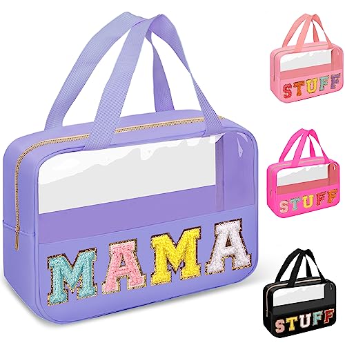 Chenille Letter Clear Makeup Bags Mama Tote, Preppy Patch Makeup Bag Zipper with Handle, Waterproof PVC & Nylon Portable Glitter Large Cosmetic Travel Toiletry Storage Bag for Women Girls(MAMA-Purple) - color: MAMA-Purple