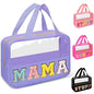 Chenille Letter Clear Makeup Bags Mama Tote, Preppy Patch Makeup Bag Zipper with Handle, Waterproof PVC & Nylon Portable Glitter Large Cosmetic Travel Toiletry Storage Bag for Women Girls(MAMA-Purple) - color: MAMA-Purple