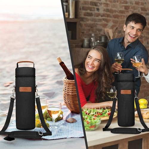 opux Wine Bag Single Bottle Carrier Tote, Insulated Wine Cooler Bag for Travel Picnic Beach with Shoulder Strap, Thermal One Bottle Holder Carrying Case Wine Gift for Women Men, Black - color: Black