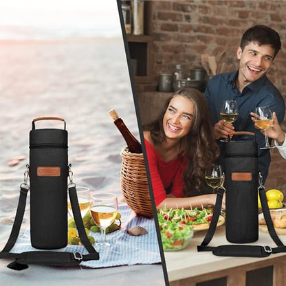 opux Wine Bag Single Bottle Carrier Tote, Insulated Wine Cooler Bag for Travel Picnic Beach with Shoulder Strap, Thermal One Bottle Holder Carrying Case Wine Gift for Women Men, Black - color: Black