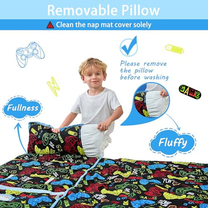 Lasoftan Toddler Nap Mat with Pillow and Blanket, Extra Large Rolled Napping Mats,Slumber Bags for Boys Girls,Kids Sleeping Bag for Daycare, Preschool Travel Camping - color: Game Console