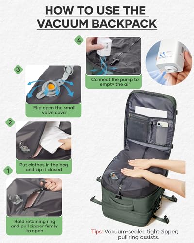 coofay Vacuum Backpack Travel with Pump Travel Backpack with Vacuum System Compression Backpacks for Traveling Easyvacpack Vacpack Backpacks Carry on Luggage - color: Olive Green, size: Extended-with Pump