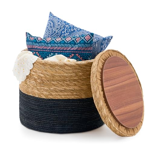 Wimarsbon Round Pouf Ottomans, Handwoven Natural Water Hyacinth Seagrass Pouffe,Outdoor Rattan Stool Accent Seat, Bohemian Coastal Home Decor (Storage - 18inch Natural Cattail & Black Corn Shell) - color: Storage - 18inch Natural Cattail & Black Corn Shel