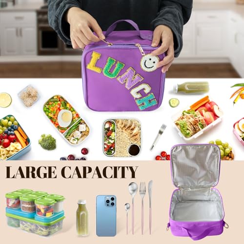 Insulated Lunch Bag With Adjustable Shoulder Strap, Nylon Preppy Lunch Box Large Insulated Lunch Bag Reusable Lunch Tote Bag with Smiley Preppy LunchBag for Girls School Travel Picnic (Dark purple) - color: Dark Purple