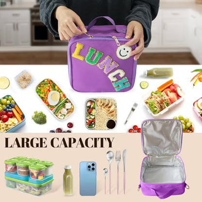Insulated Lunch Bag With Adjustable Shoulder Strap, Nylon Preppy Lunch Box Large Insulated Lunch Bag Reusable Lunch Tote Bag with Smiley Preppy LunchBag for Girls School Travel Picnic (Dark purple) - color: Dark Purple