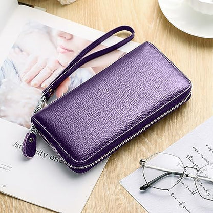 Moflycom Womens Wallet RFID Blocking Genuine Leather Zip Around Wallet Clutch Wristlet Travel Long Purse for Women - color: Deep Purple