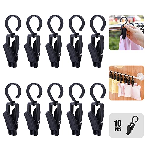 Rotating Laundry Hook Clip,Plastic Clothes Swivel Hanger,Multipurpose Anti-skid Clothespin,Hat/Cap/Socks/Scarf Hanging Organizer,Heavy Duty/Windproof/Black Drying Clamp,Wardrobe Organizing Tool(10pcs)
