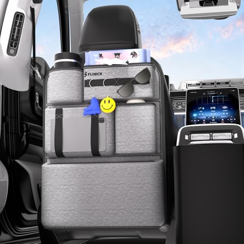 FLORICH PU-Coated Fabric Car Backseat Organizer, Durable Large capaity Seat Back Organizer and Storage with 6 Pocket, Kick Mats Back Seat Protector for Kids Universal Fit - color: F-Backseat Organizer-Gray-1Pack