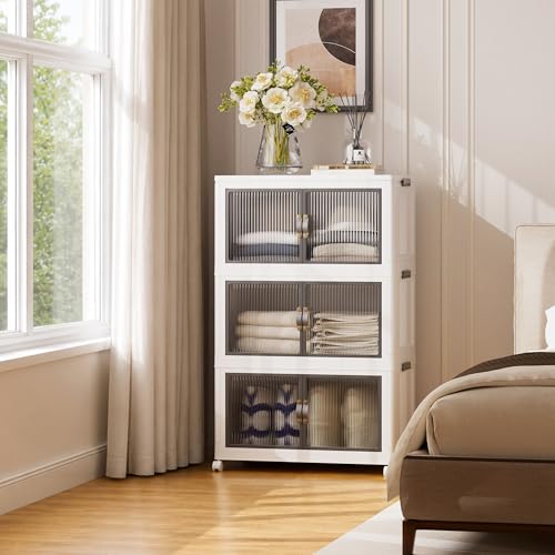 SAILUN 87Gal/348Qt Stackable Storage Bins Folding Collapsible Storage Bins with a Lid, Closet Organizers and Storage,White 26" W x 17" D x 43.7" H - color: White, size: 1 Lid 3 Pack-26" W x 17" D x 43.7" H