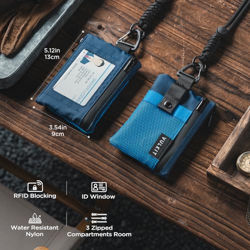 VULKIT Small Minimalist Wallet for Women and Men RFID Blocking, Zipper Coin Pouch with ID Window and Keychain, Water Resistant Travel Lanyard Wallet Blue - color: Blue