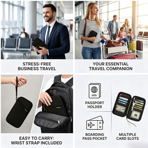 Travel Passport Holder, Water Resistant Travel Document Organizer for Family, Portable Passport Case with Wrist Strap for Travel, Vacation, Business Trip