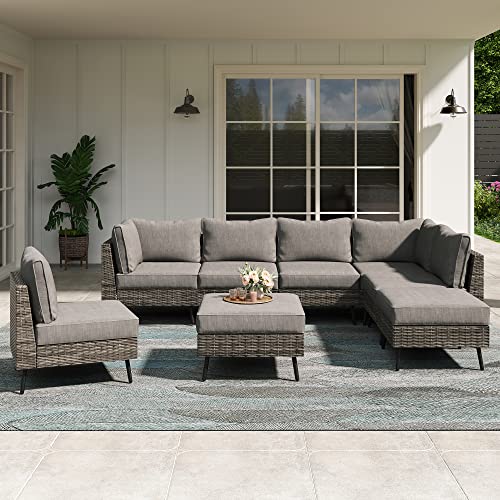 LAUSAINT HOME 8 Piece Outdoor Sectional Sofa PE Rattan Patio Conversation Sets, All Weather Patio Furniture Set with Thick Cushions for Garden, Poolside, Backyard (Grey) - color: Grey, size: 8 PCS