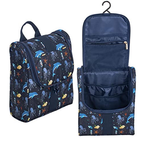 Remobia Hicol Cute Cartoon Hanging Kids Toiletry Bag Children Travel Cosmetic Makeup Organizer Wash Bag Shower bag Over Night Bag Camping Shaving Kit Bag for Boys & Girls (Sea World) - color: Sea World