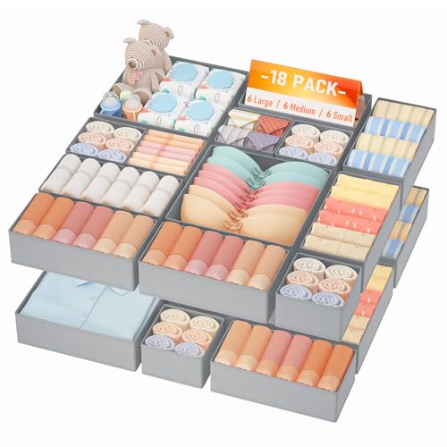 DIMJ Drawer Organizer Clothes Storage- 18 Pack Baby Dresser Organizer for Nursery, Foldable Closet Drawer Organizer Bins for Bedroom Organization, Fabric Storage Dividers for Socks, Underwears, Bras - color: Gray, size: 18 Pack