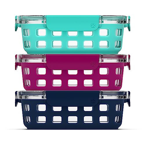 Ello Duraglass 3.4 Cup Meal Prep Sets 6Pc, 3 Pack Set- Glass Food Storage Container with Silicone Sleeve and Airtight BPA-Free Plastic Lids, Dishwasher, Microwave, and Freezer Safe, Berry - color: Mixed Berry