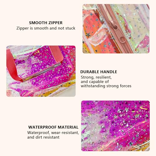 TPU Holographic Pink Clear Star Large Cosmetic Bag and Travel Pouch with Handle,Durable TPU Material,Zipper Design-Ideal for Makeup,Travel Essentials (Holographic pink) - color: Holographic pink