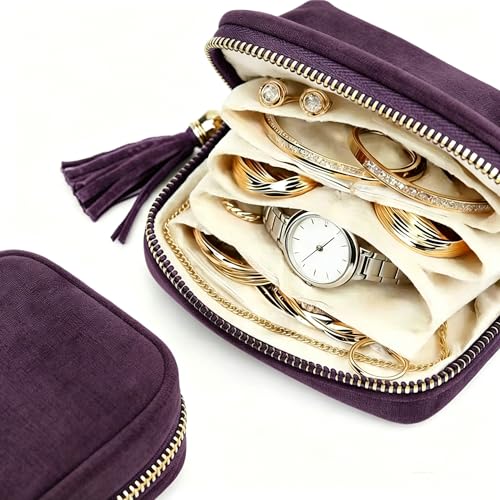 Small Travel Jewelry Case for Women, 6-Layer Velvet Organizer Pouch with Zipper, Anti-Scratch Portable Bag for Bracelets, Rings, Earrings & Necklaces (Purple) - color: Purple