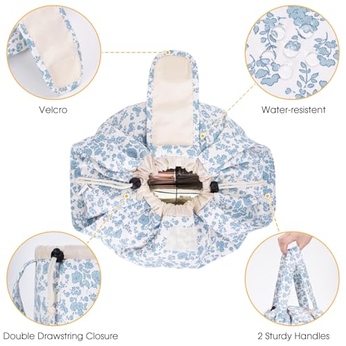 Narwey Lay Flat Open Drawstring Makeup Bag, Large Floral Cosmetic Bag for Women Girls, Cute Make up Bags with Handle, Travel Toiletry Bag for Skincare, Brushes & Travel Essentials (Blue Flower) - color: Y-Blue Flower