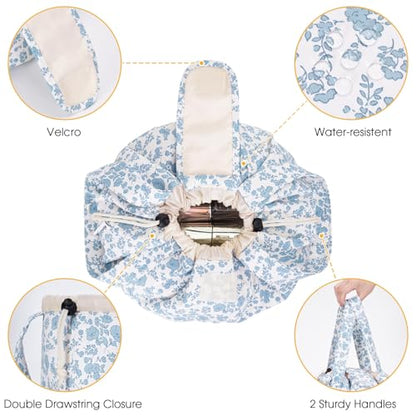 Narwey Lay Flat Open Drawstring Makeup Bag, Large Floral Cosmetic Bag for Women Girls, Cute Make up Bags with Handle, Travel Toiletry Bag for Skincare, Brushes & Travel Essentials (Blue Flower) - color: Y-Blue Flower