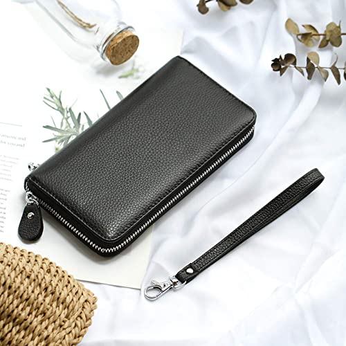 Moflycom Womens Wallet RFID Blocking Genuine Leather Zip Around Wallet Clutch Wristlet Travel Long Purse for Women - color: Black