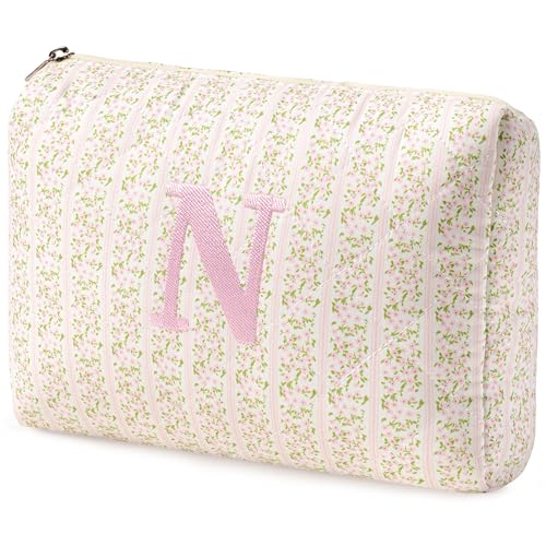 HBselect Initial Quilted Makeup Bag, Pink Cosmetic Travel Toiletry Bag, Flowers Coquette Zipper Make Up Pouch Organizer Teen Girl Gift Trendy Stuff N - color: 1Pc Medium Pinkflower, style: N