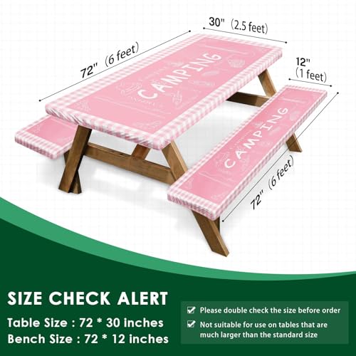 Picnic Table Cover with Bench Covers Elastic Edges, Pink Camper Fitted Table Cover, Outdoor Patio Camping Essentials 72 Inch 3PCS, Waterproof Camping Fitted Tablecloth with Drawstring Bag - color: Pink, size: 72in
