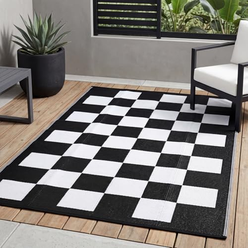 9x12 Checkerboard Outdoor Rug, Reversible Woven Plastic Straw Patio Mat, Checkered RV Camping Carpet with Corner Loops for Deck, Picnic, Balcony, Portable Floor Mat, Black & White - color: Black/White, size: 9' x 12' (Rectangular)