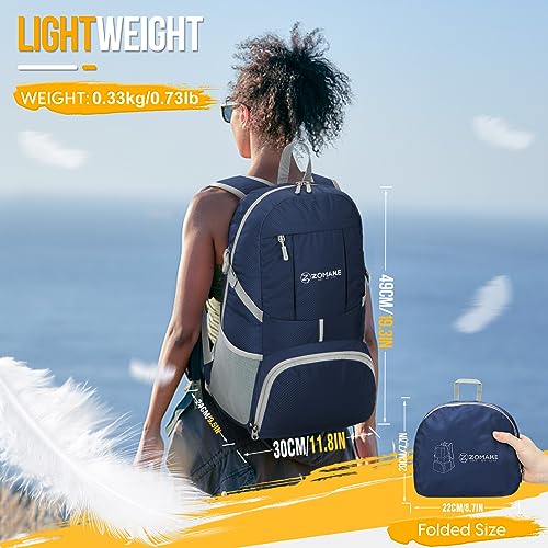 ZOMAKE Lightweight Packable Backpack 35L, Light Foldable Backpacks Water Resistant Collapsible Hiking Bag, Compact Folding Day Pack for Travel Camping(Navy Blue) - color: Navy Blue