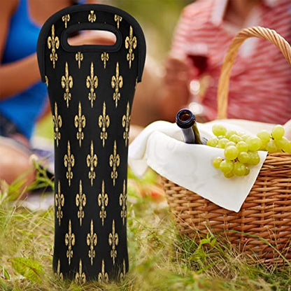 Golden Fleur-de-lis Wine Carrier Tote Bag 750ML Insulated Neoprene Wine Bag Tote Holder Covers Beer Champagne Bottle Protective Travel Or Gift Bag