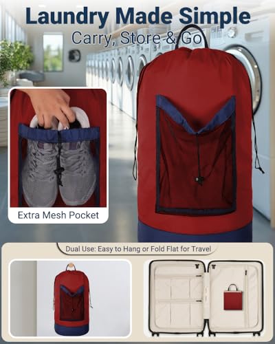 Laundry Bag with Shoulder Straps and Mesh Pocket Laundry Backpack Large Portable Laundry Hamper for College Laundromat Apartment - color: Red & Blue
