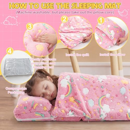 Preschool Nap Mat with Pillow and Blanket, 21" x 50" Glow Sleeping Bag Toddler Nap Mat for Daycare Kids, 2" Thick All in one Foldable Floor Mattress for Girl Boys - style: Rainbow Pattern