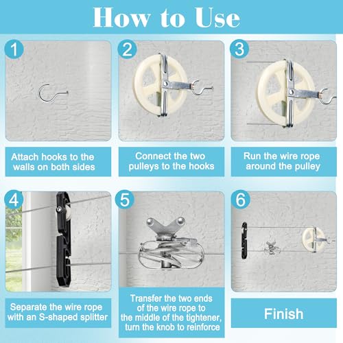 Outdoor Clothesline Kit, 150.9FT Heavy Duty Plastic Coated Wire Rope, Includes 2 Durable Pulleys, 2 S-Type Dividers, 1 Tightener, 2 Screw Hooks & 2 Expansion Screws