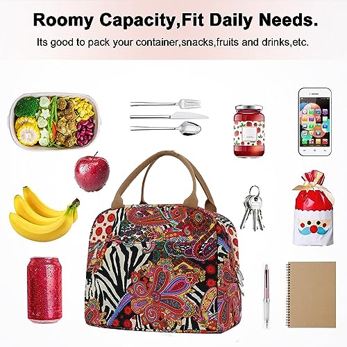 EurCross Aesthetic Lunch Box Bag for Women Daily Use,Boho Stylish Elegant Canvas Insulated Adult Lunch Bento Box Tote Bag - color: Boho-red