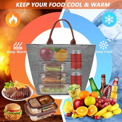 LOKASS Lunch Bag Women Insulated Lunch Box, Wide-Open Lunch Tote Bag Leak-proof Cooler Bag for Work Picnic- (Stripe) - color: Black Stripes