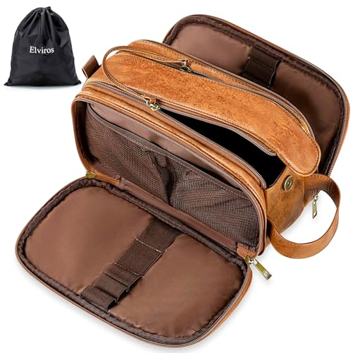 Elviros Toiletry Bag for Men, Large Travel Shaving Dopp Kit Water-resistant Bathroom Toiletries Organizer PU Leather Cosmetic Bags - color: Brown, size: Large (Pack of 1)