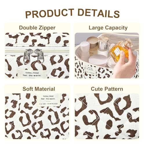 GISMTR 3Pcs Makeup Bag Cotton Quilted Travel Cosmetic Bag Cute Floral Makeup Pouch Large Toiletry Bag for Women Girls - color: Coffee leopard print
