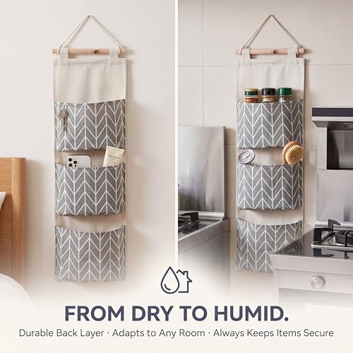 Wall Hanging Storage Bag, 3 Pockets Over The Door Closet Organizer, Cotton Linen Closet Organizer Door Pouch Bedroom Home Office Organizer (Gray)