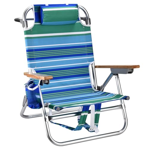Backpack Beach Chairs for Adults Capacity 300 LBS Low 5 Position Beach Chair with Pouch Straps Folding Lightweight Reclining Aluminum Wide Lay Flat Single - color: 10in Wood Green Stripe 1 Pack