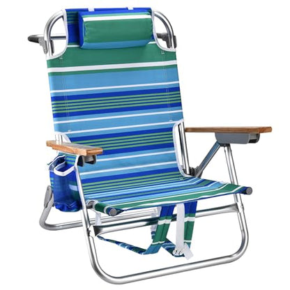 Backpack Beach Chairs for Adults Capacity 300 LBS Low 5 Position Beach Chair with Pouch Straps Folding Lightweight Reclining Aluminum Wide Lay Flat Single - color: 10in Wood Green Stripe 1 Pack