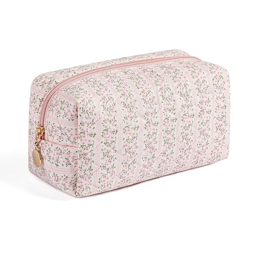 Gleyemor Small Quilted Makeup Bag for Women, Cute Floral Bow Cosmetic Bag, Emergency Bag Travel Toiletry Cotton Pouch Gifts for Girls Her Mom Friend Sister Bridesmaid (Pink Floral) - color: 03 Pink Floral