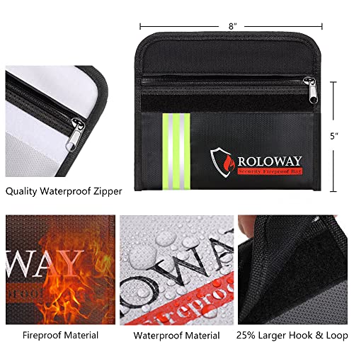 ROLOWAY Small Fireproof Bag (5 x 8 inches) with Reflective Strip, Fireproof Money Bag for Cash, Valuables, Passport, Currency & Keys (2-Pack) - size: 8 x 5 inch, style: Silver & Black With Reflective Strip