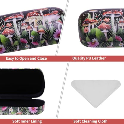 PERFECTSIGHT Sunglasses Case, Large Hard Shell Glasses Case, Cute PU Leather Protective Eyeglasses Case for Women Men - color: Black Mushroom
