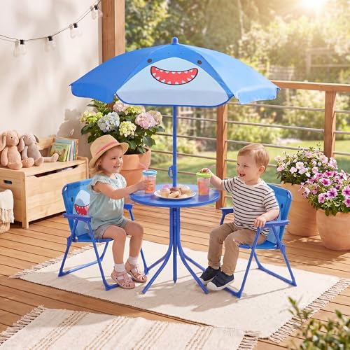 HONEY JOY Kids Picnic Table, Animal Themed Toddler Outdoor Table and Chair Set, 2 Folding Chairs & Removable Umbrella, Children Outdoor Furniture for Backyard Patio Garden (Navy Shark) - color: Navy Shark