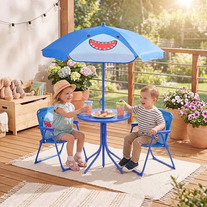 HONEY JOY Kids Picnic Table, Animal Themed Toddler Outdoor Table and Chair Set, 2 Folding Chairs & Removable Umbrella, Children Outdoor Furniture for Backyard Patio Garden (Navy Shark) - color: Navy Shark
