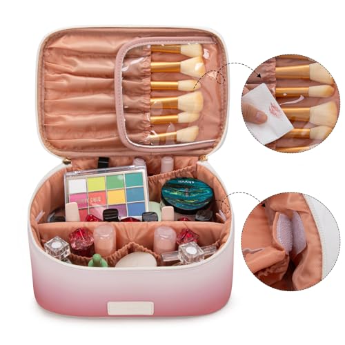 Montana West X Wrangler Travel Makeup Bag 2pcs Set Large Cosmetic Bag with Makeup Brush Holder Portable Make Up Organizer Cute Toiletry Bag with Divider and Handle for Women Gradient - color: Khaki-Tan