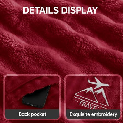 Travel Blanket and Pillow-2-in-1, Ultra-Soft&Compact,Airplane Blanket with Hand Luggage Belt and Backpack Clip,Travelers Accessories Gifts, 61x43 Inches（Burgundy） - color: Burgundy